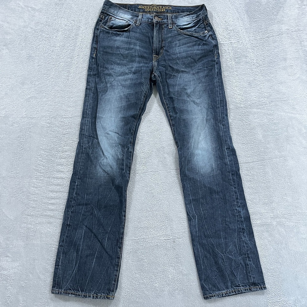 American Eagle Original Straight Jeans Men's 30x32.5* Whiskered Y2K Faded Denimβ